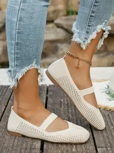 Boho Style Women's Flat Shoes, Slip On, Soft Sole Hollow Out Design, Breathable Casual Sneakers, Polka Dot Pattern, Textile Upper Material, Ballet Flat
