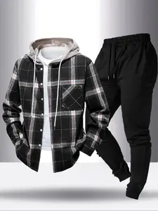 Men's Plaid Hooded Shirt Jacket with Pockets + Drawstring Casual Pants Set, Long Sleeve Woven Fabric, Fall & Winter Fashion, 2 Pieces Pack