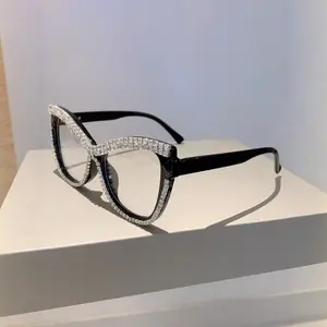 Glamorous Bling Rhinestone Cat Eye Fashion Eyeglasses for Women, Sparkling Decorative Frame Stylish Casual Daily Wear Clear Lens Eyewear