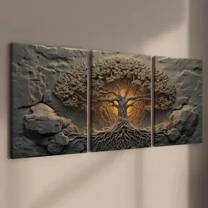 3-Piece Wood Frame Canvas Art Poster, Life Tree Relief Style, Modern Home Decor, Art Wall Decoration, Living Room Wall Art, Wooden Wall Art, High-Definition Print, Canvas Prints, Artistic, Waterproof