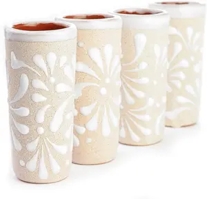 Handcrafted Mexican Ceramic Shot Glasses Set of 4, Floral Terracotta Interior