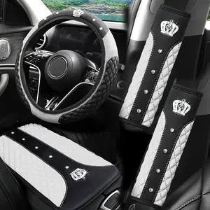 Crown Artificial Diamond Glitter Fashion PU Leather Non-slip No Inner Ring 4PCS Car Steering Wheel Cover Set Fit For 37-38CM Steering Wheel Car Accessories
