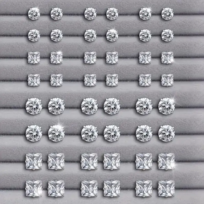 24-Pair Rhinestone Studs Set, Geometric Round-Square Stud Earrings with Crystal Inset, Round Cut Earrings for Party Wedding Mobile Phone Selfie Accessories