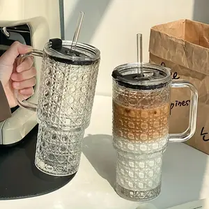 Large Capacity Straw Cup with Lid, Fashion Style Summer Ice Coffee Glass, Reusable Drinking Cup for Coffee Tea Whiskey LatteGift