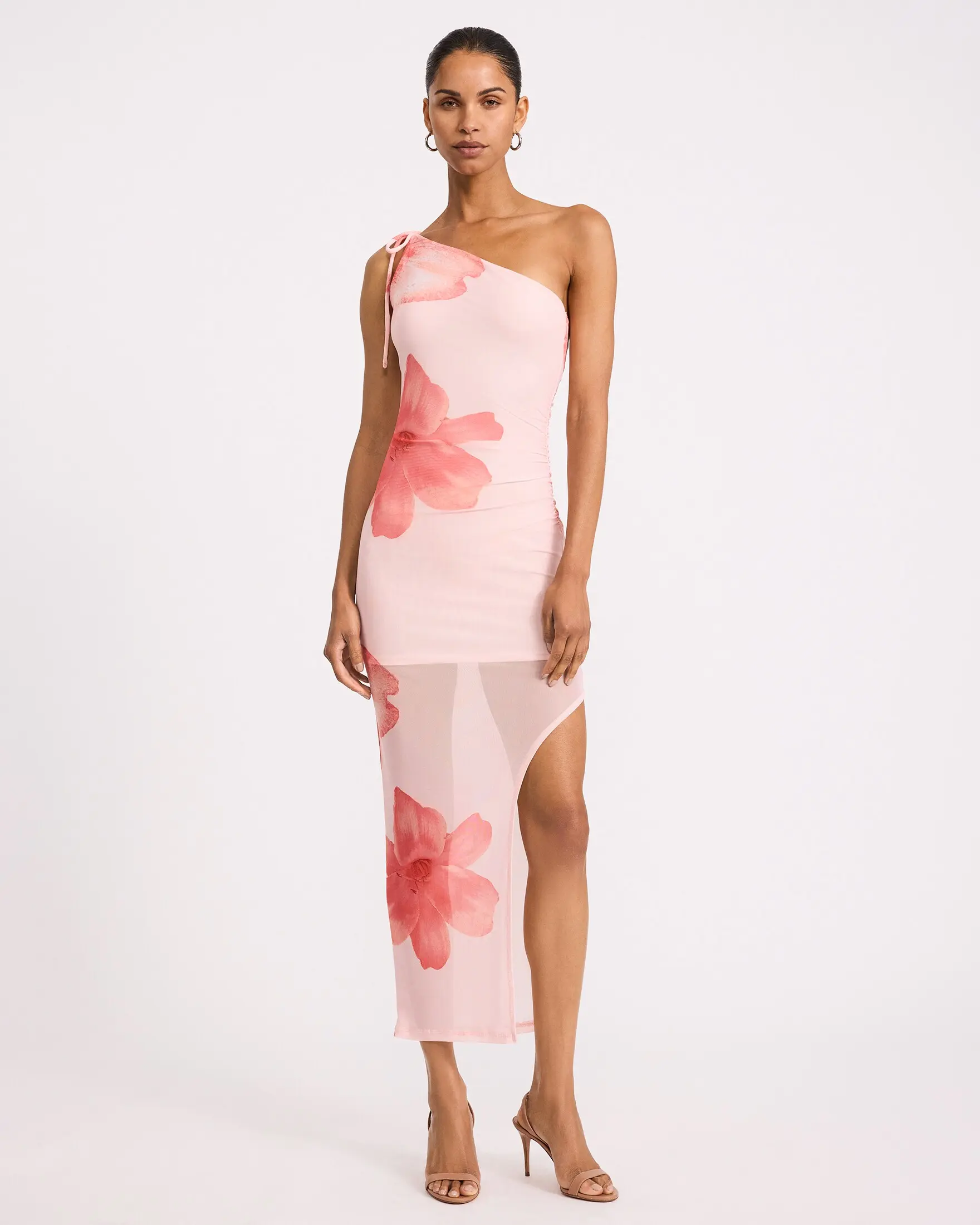 Express Floral Mesh One Shoulder Tie Strap High-Low Midi Dress