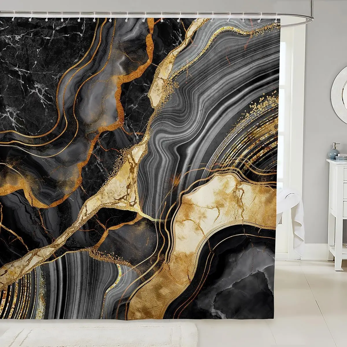 Black Marble Shower Curtain,,Gold Crack Bathroom Set,Abstract Metallic Texture Fabric,Luxury Shinny Boho Hippie Fluid Curtain