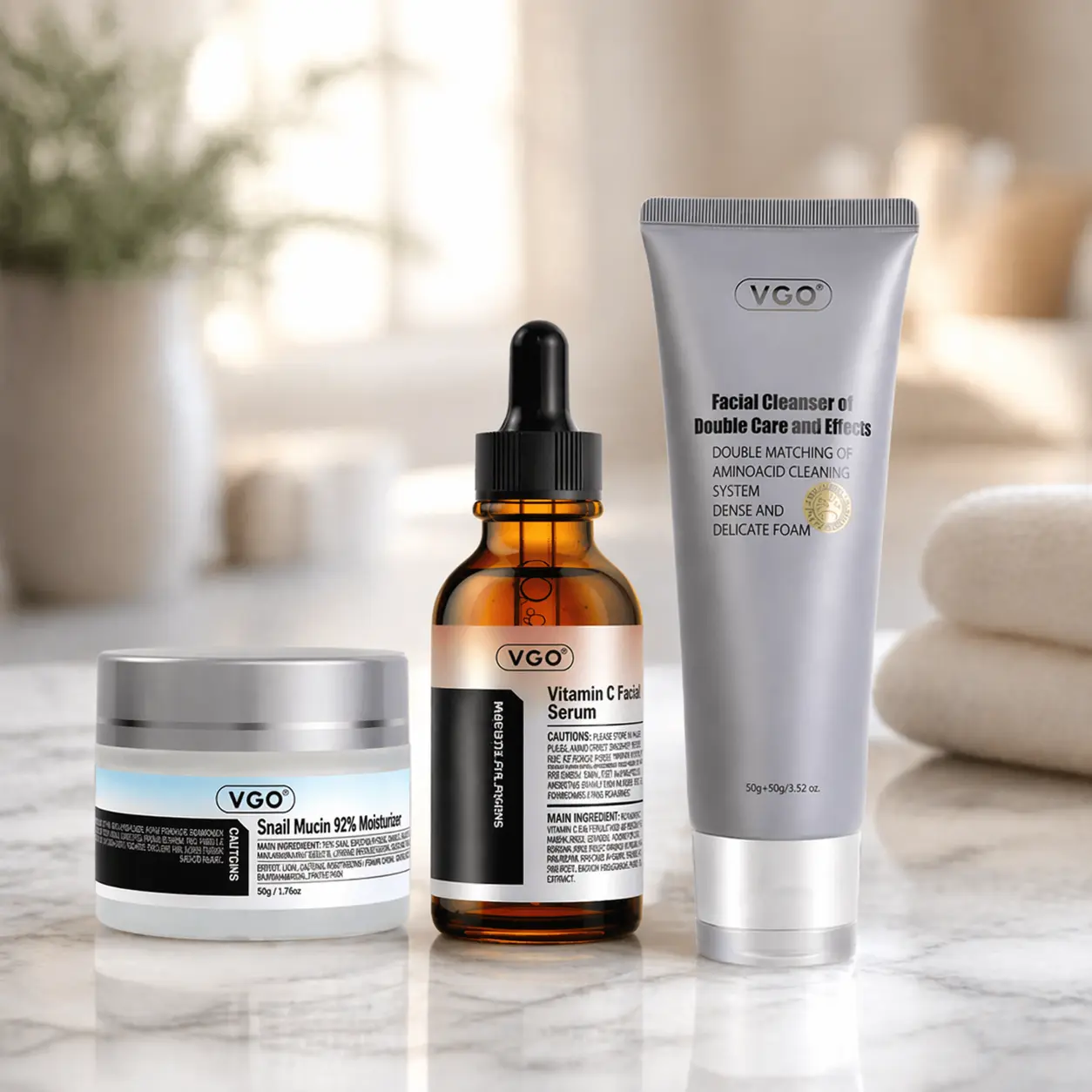 VGO 3-Step Glow Skincare Routine Kit - Hydrating Bottle Set with Snail Care Moisturizer, Fast-Absorbing Lightweight Serum & Cleanser to Hydrate, Keep Routine Consistent for Most Skin Types Daily, Moisture