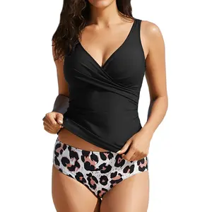 Sexy split swimsuit women's solid color leopard print V-neck high waisted swimsuit bikini popular casual beach vacation style women's swimsuit