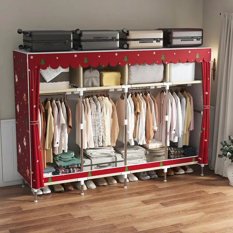 LEAIJIAFY American-Style Christmas Portable Wardrobe – Sturdy, Durable, Dustproof & Moisture-Resistant; Simple Design with Four Hanging Bars and Four Shelving Spaces; Suitable for Bedrooms and Rental Units