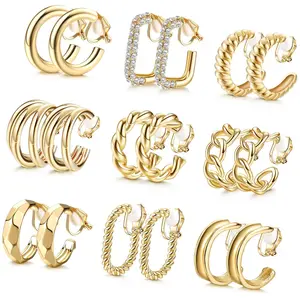 9Pairs Elegant Gold Plated Dumpy Hoop Clip Earrings No Pierced For All Ages
