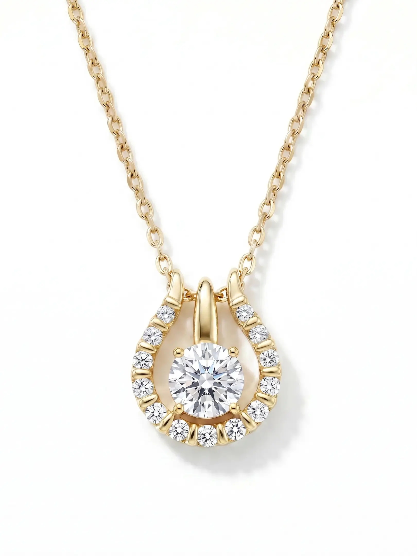 Gold Tone Lucky Horseshoe Teardrop Pendant Necklace with Cubic Zirconia Stone for Women, Limited Stock Opening Deal gift cute