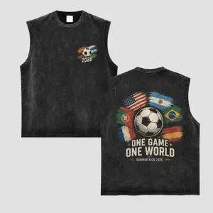 Oversized Vintage Washed Black Sleeveless Tank Top, One Game One World Retro Flag Soccer  Vest, Casual  for Men Women, Soft Cotton, Limited Stock! (2) t shirt good  tee   graphic streetwear t-shirt gift