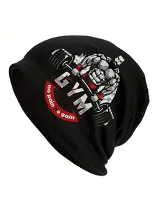 Gym Motivation Graphic Beanie, "No Pain No Gain" Bodybuilder Print, Lightweight Polyester Skull Cap for Men Workout, Gym Hat