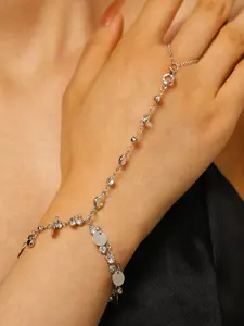 1PC Zircon & Metal Sequin Hand Chain Bracelet, Boho Style Finger Ring Bracelet with Dangling Charms, Adjustable & Sparkly, For Women, Daily & Party Wear, Stackable Bracelets