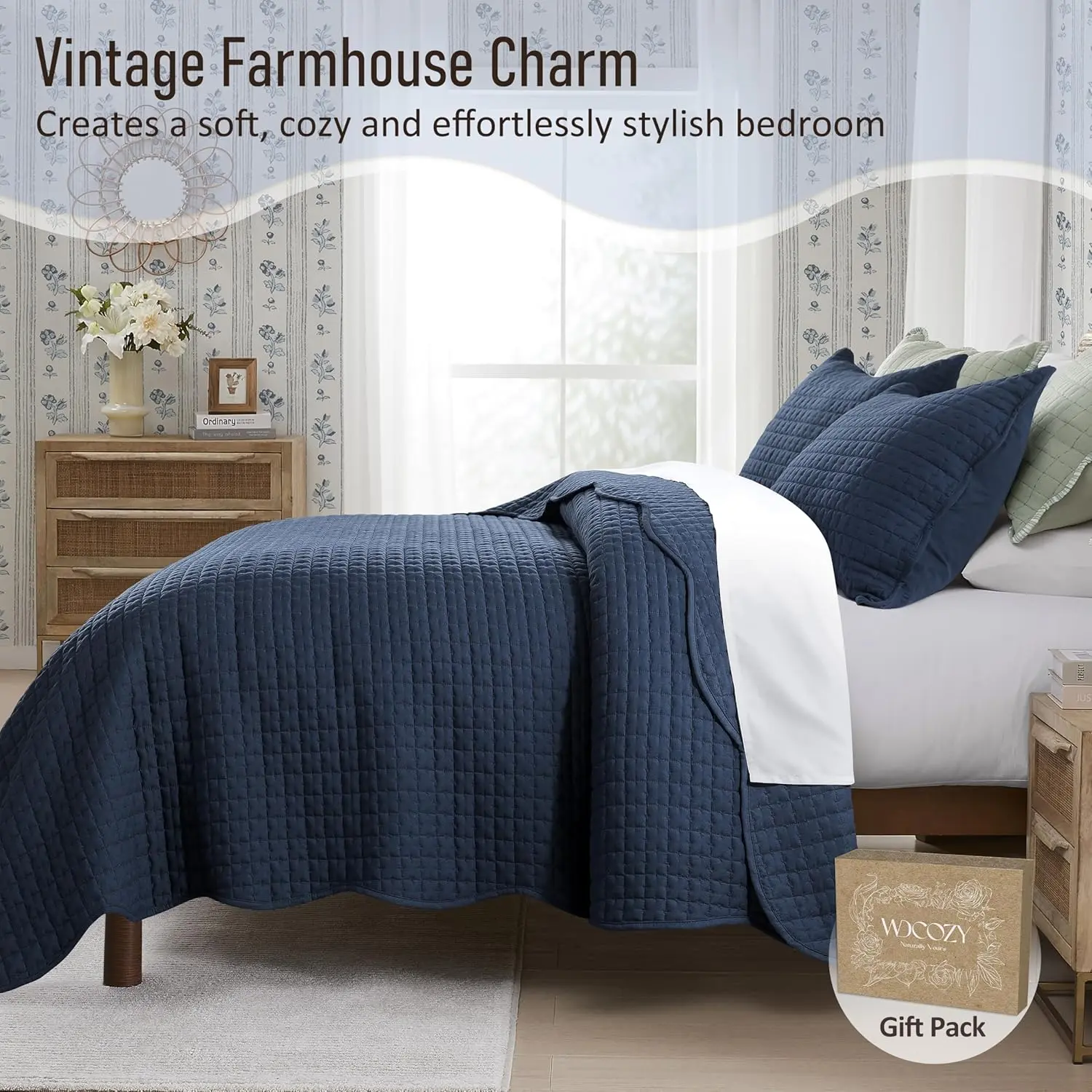 Navy Blue Queen Size Bedding Set, Scalloped Farmhouse Lightweight Soft Coverlet for All Season, Cute Cozy Kantha Pick Bedspread, 2 Pillow Shams