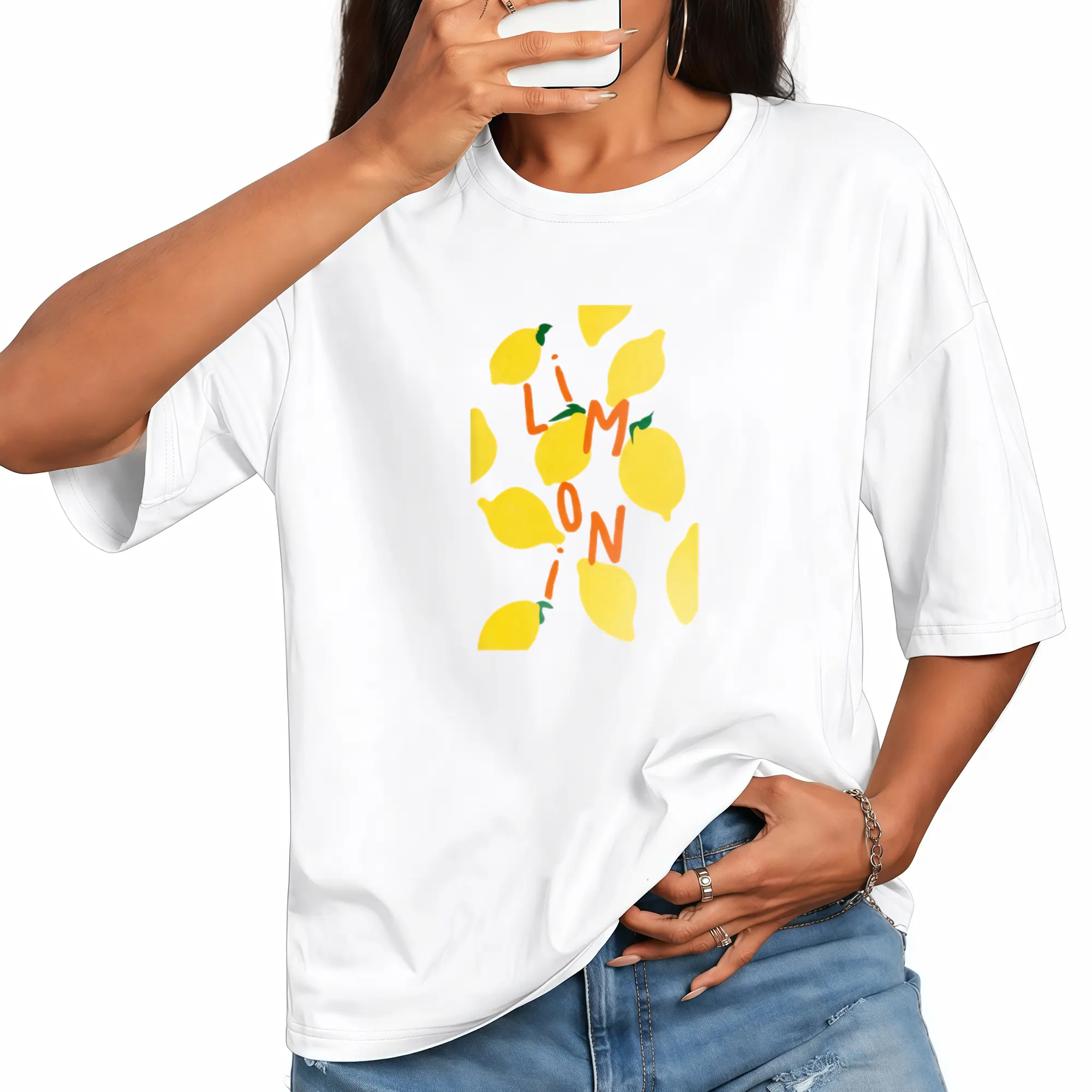 Women's 100% Lemon Print T-Shirt - Lemon Slice & Limoncello-Inspired Citrus Design, Casual Short Sleeve Round Neck White Tee with Lemon Yellow & Lime Green Graphics, Breathable Summer Top for Casual Attire