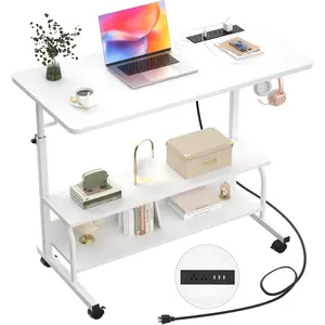 Armocity Height Adjustable Standing Desk with Power Outlets, 32" Manual Stand Up Desk with Storage Shelves Small Mobile Rolling Computer Desks Portable Laptop Table with Wheels for Home Office, White