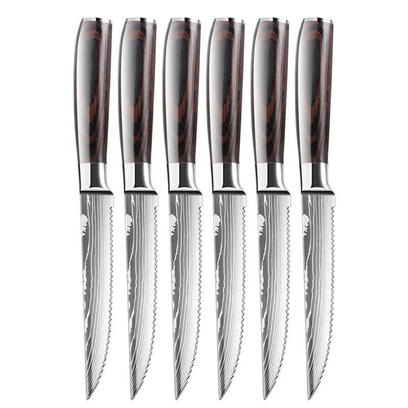 6pc color wood steak knife, kitchen steak knife 4.5 inches, high carbon stainless steel steak knife, color wood handle serrated steak knife, razor sharp blade
