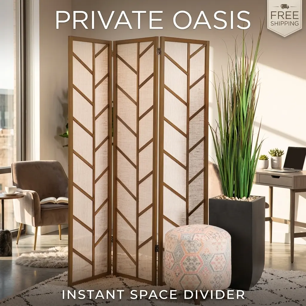 littleox Walnut and Linen Foldable 3-Panel Screen