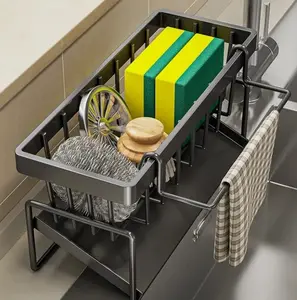 Black Aluminum Kitchen Sink Sponge Organizer Rack with Towel Holder Rust Free