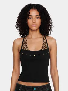 Aelfric Eden Leopard Halter Studded Cami Top Slim Fit Contrast Leopard Print Panel & Studded Detail Halter Neck Tie Casual Y2K Retro Streetwear Top