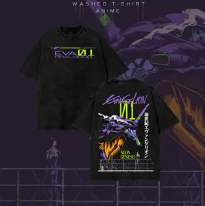 Neon Genesis Evangelion EVA-01 Anime Double Printed Vintage Washed Unisex Washed Heavyweight Cotton Tshirt, Anime Lover Menswea Comics Double-Side Washed T-shirt Fabric Menswear
