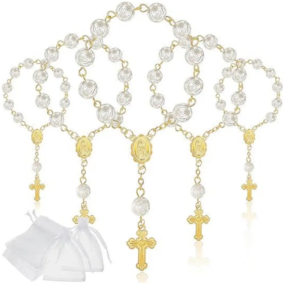 30 pcs Rosary Beads Finger Baptism Rosaries Bulk with Organza Bags Acrylic Rosary Beads Finger Baptism Rosaries Gold Bead for Christening Weddings Party Favors