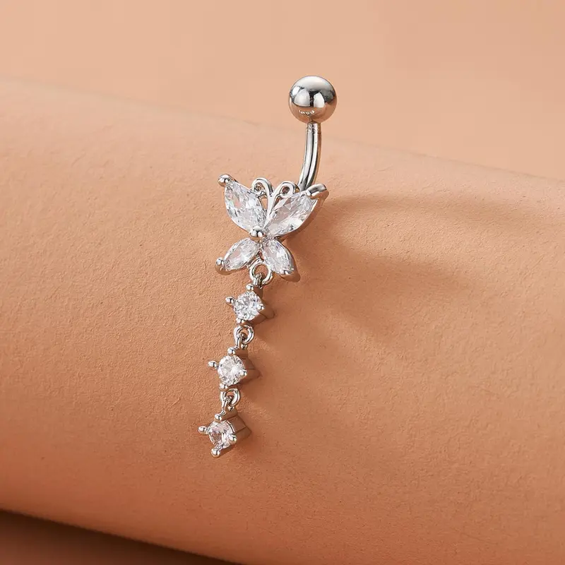 Luxury Fashion Butterfly Zircon Belly Ring for Women, Casual Geometric Design Body Jewelry, Copper Chain, All Seasons Party Accessory, Belly Button Rings