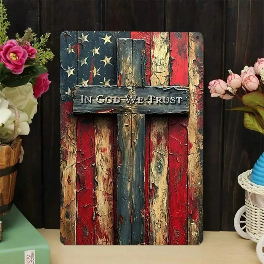 8x12 Inch Christian Metal Sign, In God We Trust American Flag Cross Wall Decor, Vintage Rustic Faith Artwork for Home, Church, Bedroom, Living Room, Office, Porch, Farmhouse Decoration, Patriotic Religious Gift