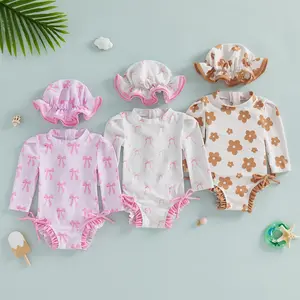 Canrulo Baby Girl Swimsuit Lemon Bow Floral Ruffle Zip-up Back Rash Guard Swimwear Bathing Suit for Toddler Infant Newborn