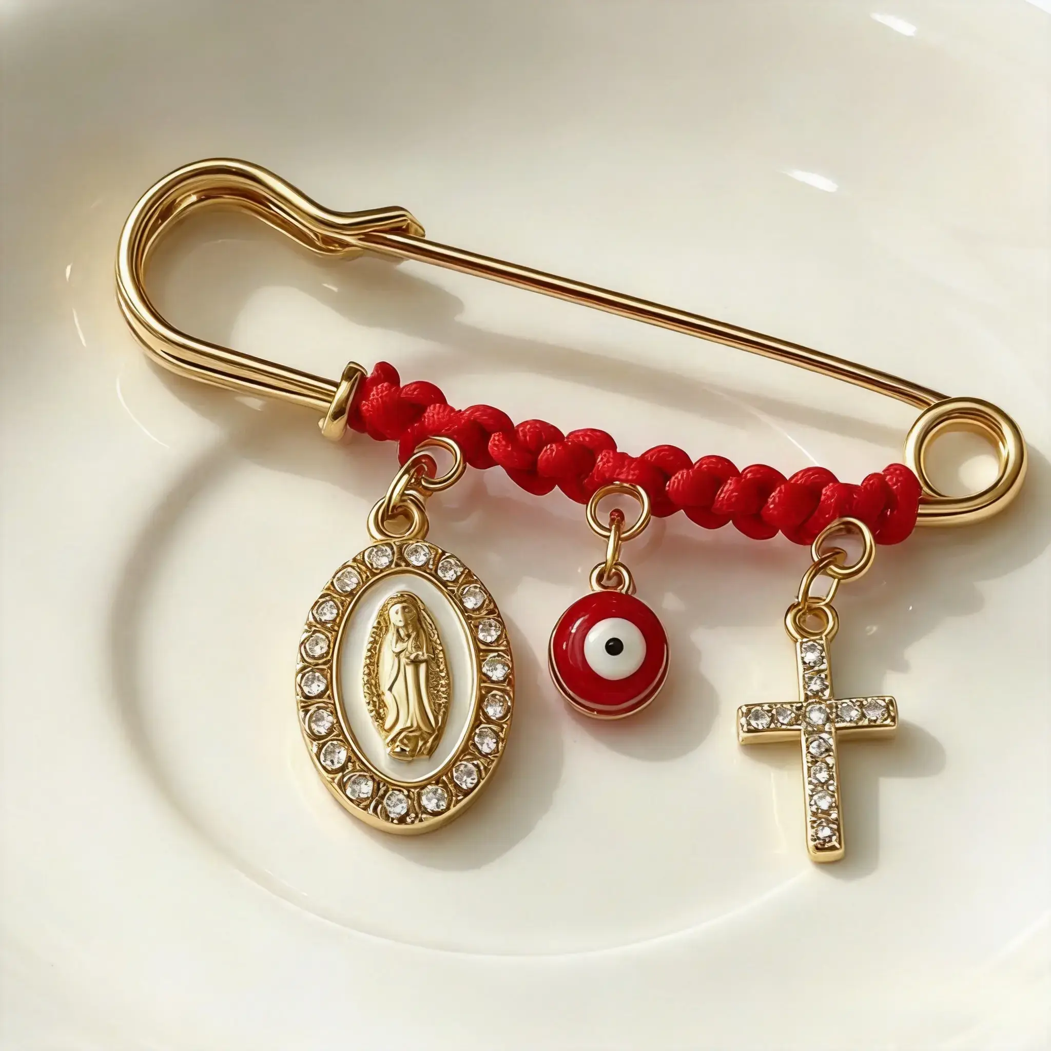 Mom-to-Be Religious Charm Brooch with Virgin Mary, Cross and Evil Eye, Maternity Safety Pin Gift Meaningful Maternity Safety Pin Brooch with Virgin Mary, Cross and Evil Eye Charms for Expecting Moms
