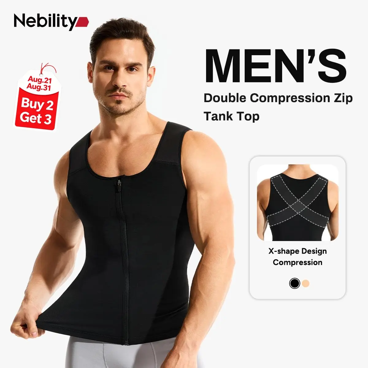 【New Arrival】Nebility Men’s Double-Layer Shapewear Vest – Waist Trainer Trimmer with Sponge Shoulder Straps & X-Back Support, Zipper Front, Athletic & Fitness Body Shaper for Sport & Everyday，fathersdaygift