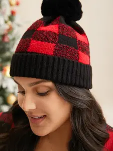 BLOOMCHIC Plaid Fur Ball Contrast Hem Hat Crimson Acrylic Casual Winter Beanie for Teens & Adults 2026 Spring Break Gift For Easter's Day Mother's Day