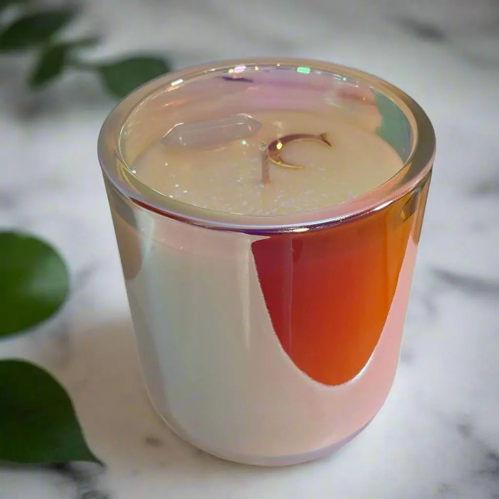 The Aura Collection - Moonflower Nectar Scented Candle in Iridescent Jar with Opal Crystal & Moon Charm 10 oz Vegan Aromatherapy Decor