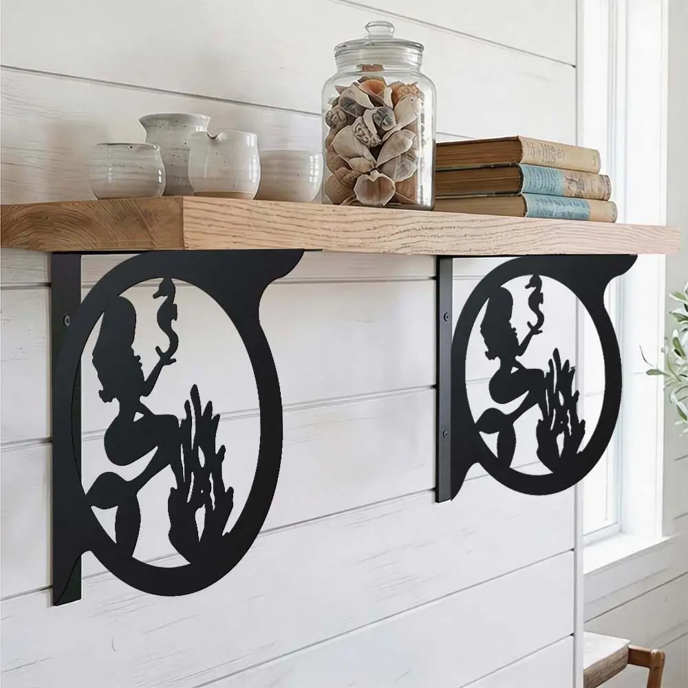 Mermaid-style cutout floating shelf brackets (set of 2) — Sturdy, durable, and easy-to-install wall-mounted brackets featuring an Asian Zen aesthetic; suitable for storage and decorative display in kitchens, bathrooms, bedrooms, and balconies.