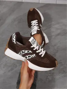 Women's Plus Size New Fashion Trendy Shoes Round-Toe Lace-Up Leopard Print Thick-Soled Sneakers Trainer for Everyday Wear, Simple, Comfortable, Lightweight, Casual Commuting Walking Shoes