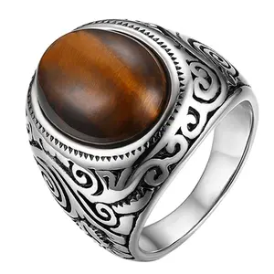 OIDEA Vintage Tiger's Eye Stone Anti-Rust Steel Men's Ring, Retro Wide Band Statement Decorative Ring (Vintage Silver Finish), Anti-Rust Steel Rings, Retro Rings