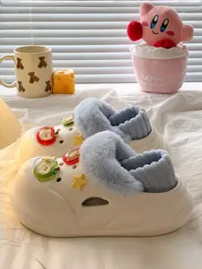 Parent-Child Light Blue Fleece-Lined Cartoon Decor Clogs, Cute Warm Style, Waterproof Material + Fleece Lining + Cartoon Patches + Non-Slip Sole, Parent-Child Compatible, Cute Eye-Catching , Ideal for Winter Home & Parent-Child Leisure Scenarios