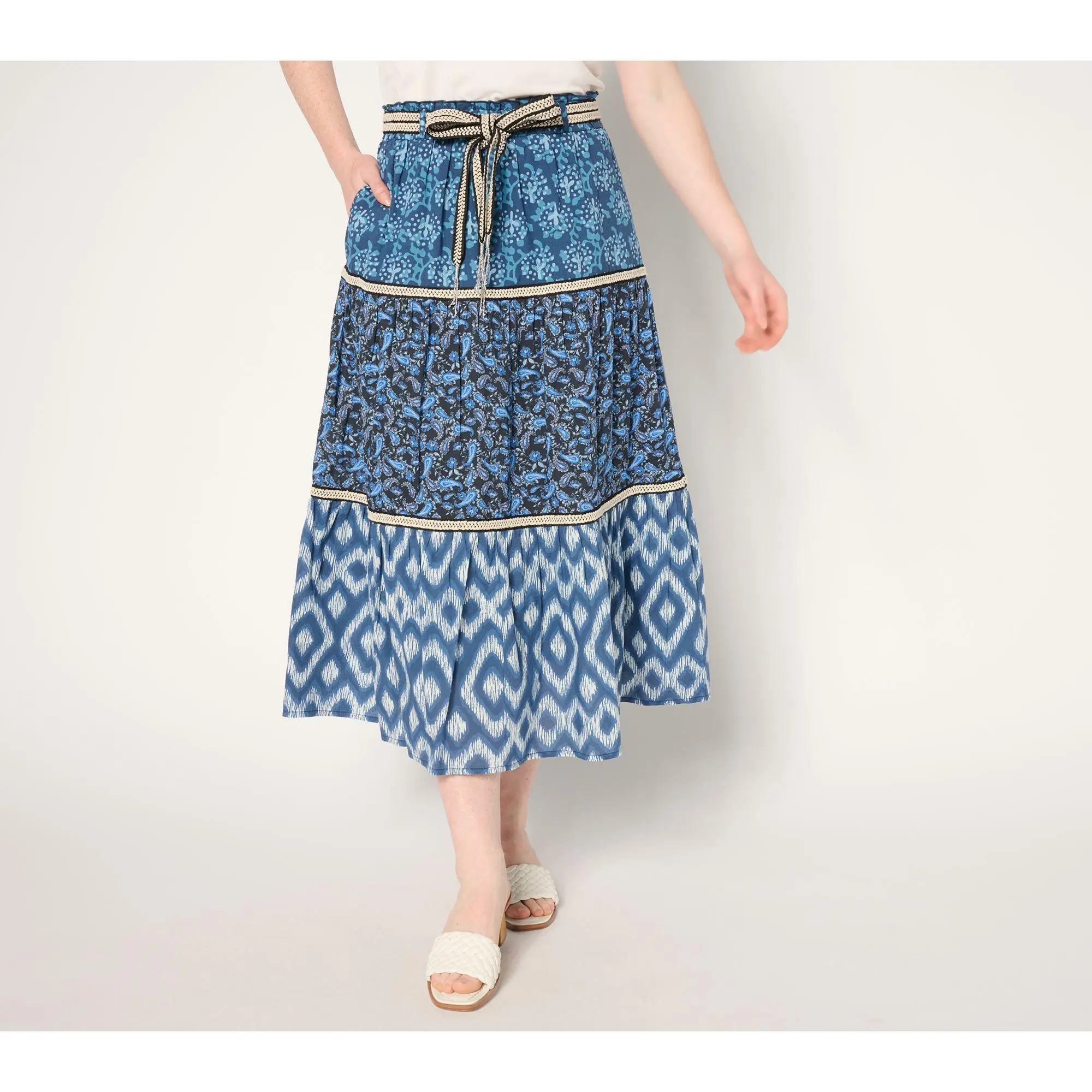 Susan Graver PURE Regular Printed Cotton Tiered Skirt with Belt