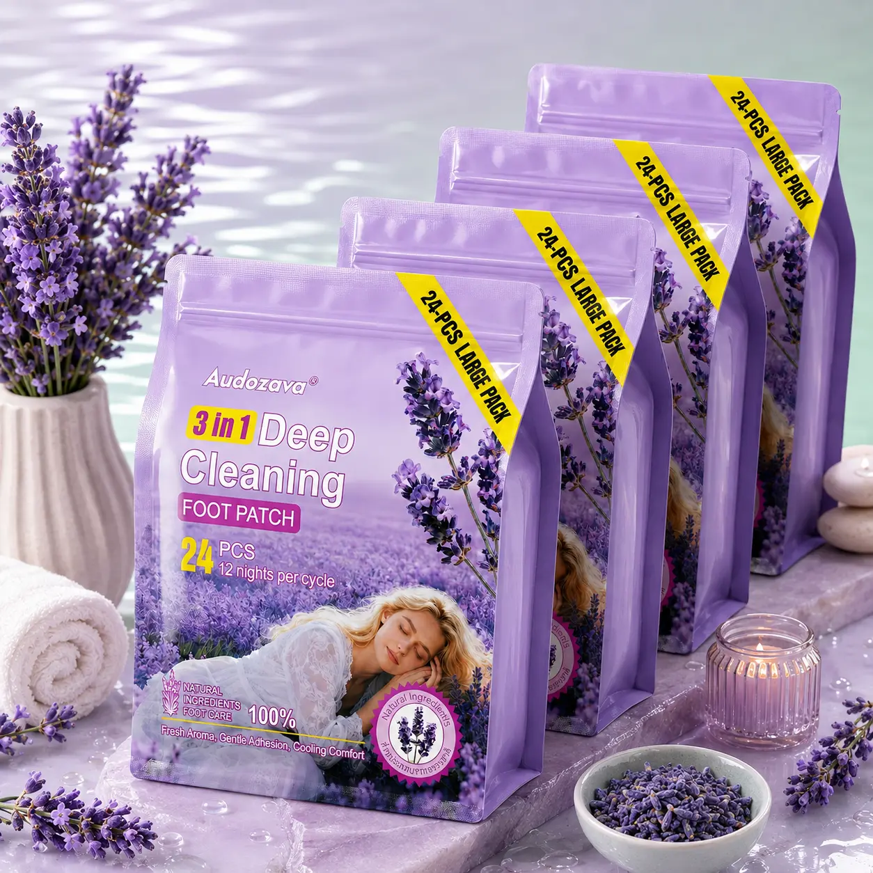 24 Count Deep Cleaning Foot Patches, Ginger Bamboo Charcoal & Lavender Formula, Overnight Foot Care Pads with Soft Adhesive Design, Refreshing Natural Self-Care Routine