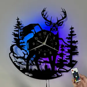 Colorful vinyl wall clock, featuring a forest deer theme design. Suitable for home decoration, corporate decoration, hotel decoration, birthday gifts, graduation gifts, Christmas decorations and gifts, tabletop ornaments, and sleep night lights.