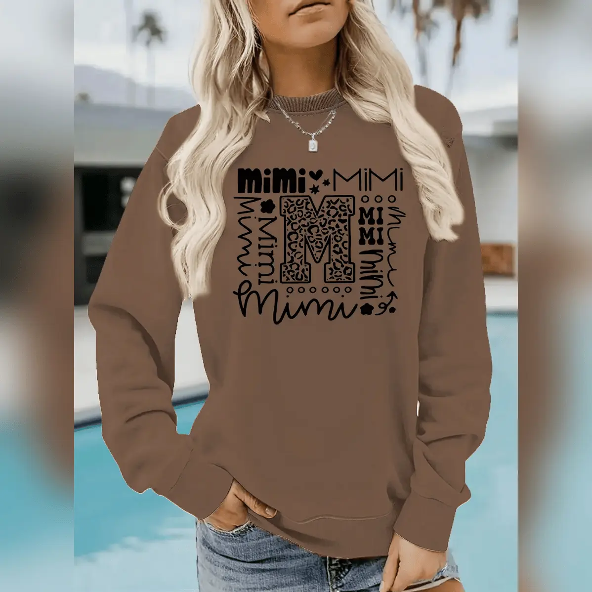 Women's 'Mimi' Graphic Print Letters Round Neck Sweatshirt - Casual Loose-Fitting Vintage Pull-On Pullover Hoodie, Soft Cotton Blend, All Seasons, Multi-Size (Incl. Sweatshirt 2XL), Machine Washable, Party Holiday