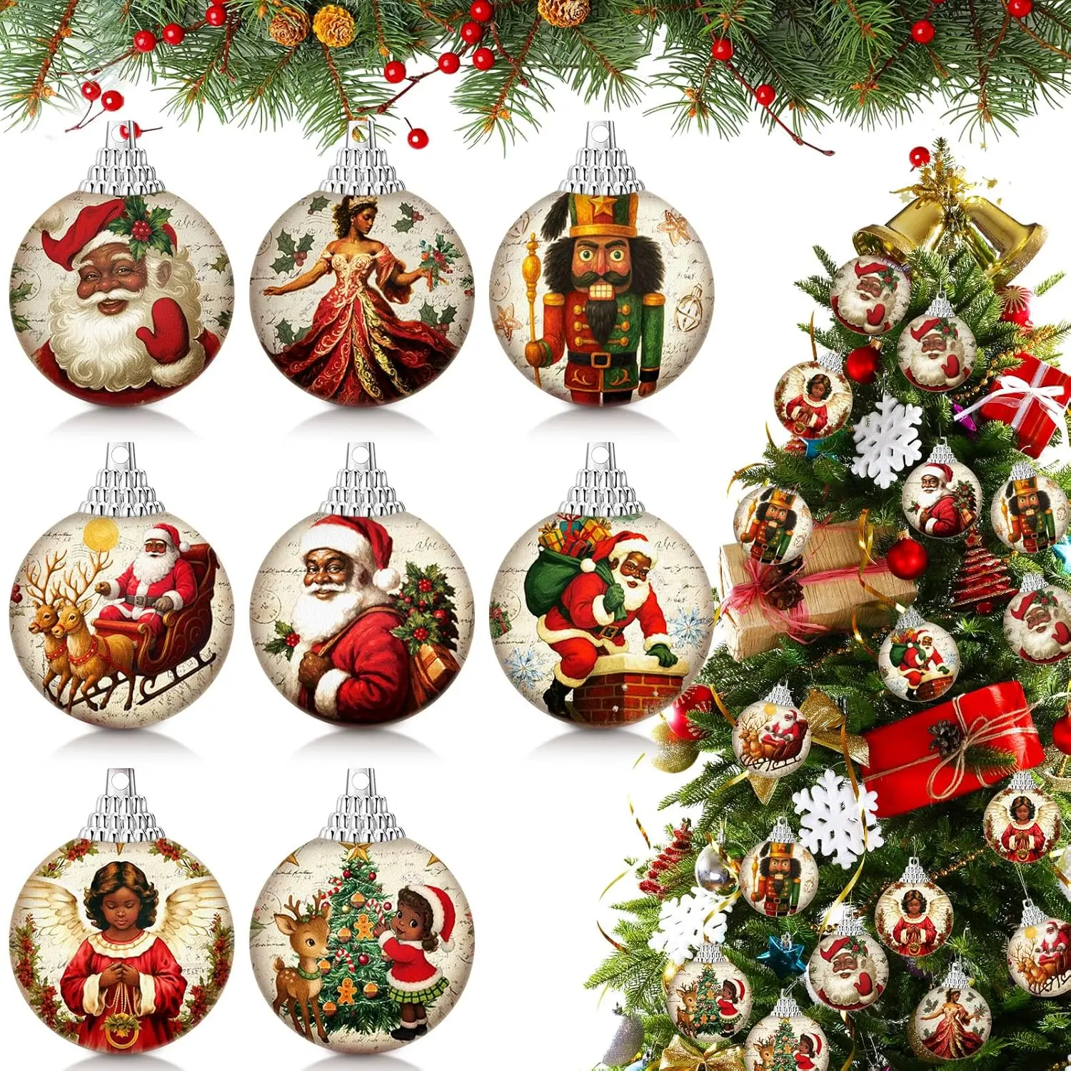 16 Pcs Santa Claus Black Ball Ornaments for Tree African American Christmas Hanging Ornaments Santa Claus Black Christmas Decorations for Tree Xmas Gifts Farmhouse Fireplace Holiday Party Favors