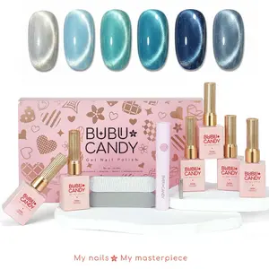 BUBU CANDY Blue Sand Cat Eye Gel Nail Polish Set, 6PCS 15ML Blue Magnetic UV Gel with LED Lamp, Soak Off Gel for Home DIY Manicure #