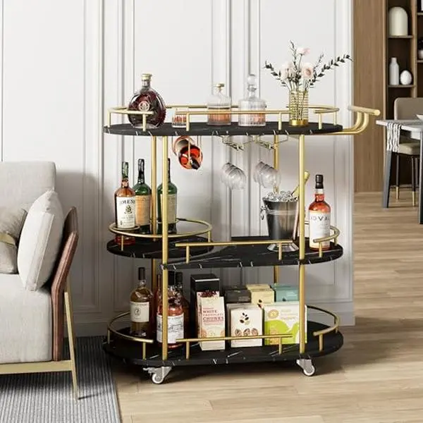 Garvee Gold+Black Bar Serving Cart with Wine Rack and Glass Holder,3-Tier Rolling Serving Cart with 4 Wheels, Small Serving Table for Living Room, Kitchen, Dining Room