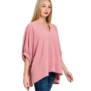 Zenana Woven Airflow V-Neck Band Cuff Half Puff Sleeve Top