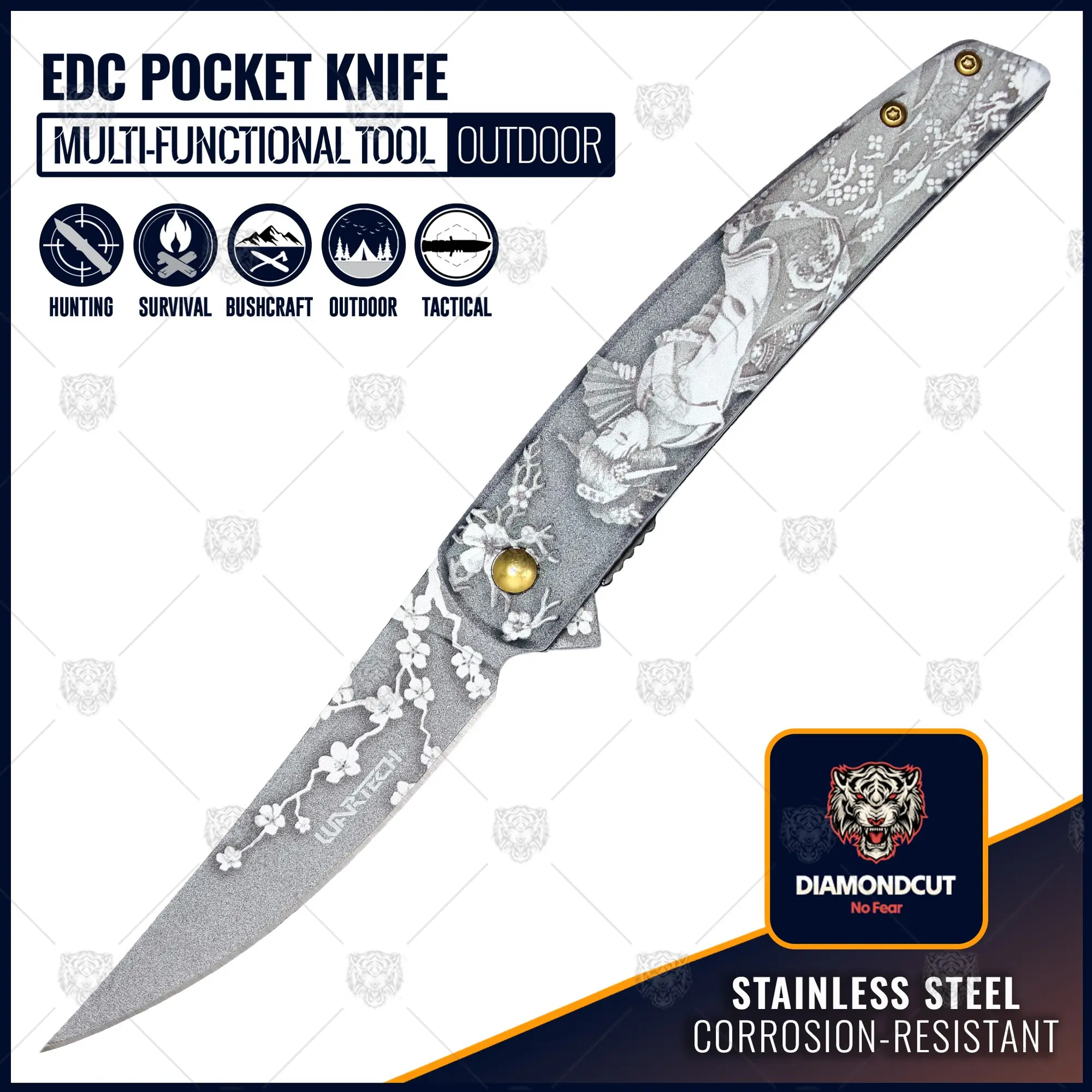 8.25” Outdoors Man Bushcraft Hunting Tactical EDC Everyday Japanese Art Pocket Knife, Camping Gear Folding Knife, Survival Tool Accessories, Father’s Day Gift, Birthday Gift, Christmas Gift