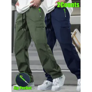 2pcs Men'S Lightweight Cargo Pants with Adjustable Drawstring Waist & Zipper Pockets - Breathable Outdoor Casual Workwear, Olive Green & Dark Blue, Regular Fit for Spring/Fall, Work Pants, Nonstretch Fabric,  Men's Sweatpants