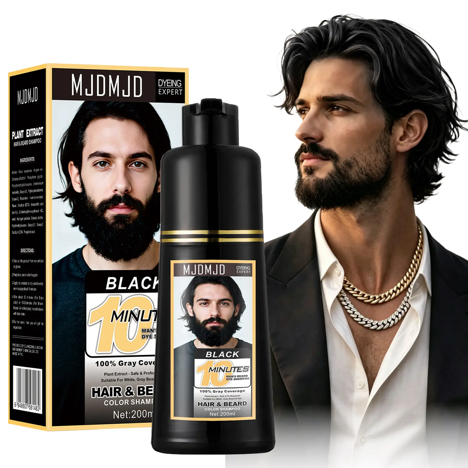 Men's Black Beard & Hair Dye Shampoo, 3-in-1 Beard Color Shampoo for Beard, Mustache & Hair, Covers Gray Hair in Minutes, Long-Lasting Herbal Formula, Easy-to-Use Hair Color Shampoo, 200ml / 6.76 Fl Oz