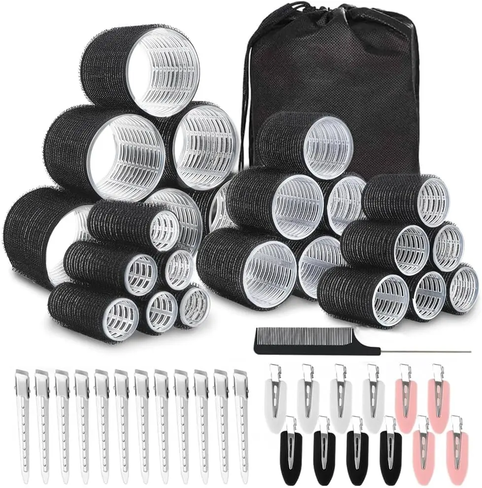 50PCS Self Grip Hair Rollers with Clips, Jumbo Large Medium Small Hair Curlers Set, No Heat Big Curl Rollers for Long Medium Short Hair, DIY Hairstyle (Black)